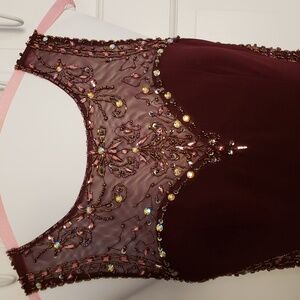 Betsy & Adam Burgundy Embellished Prom Dress